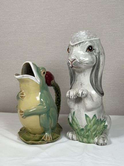 Vintage Mojelco Frog Pitcher & Italian Rabbit Vase – Decorative Pottery Pair