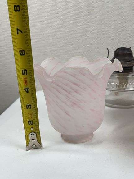 LEADED GLASS SHADE, LAMP BASE AND SATIN GLOBE