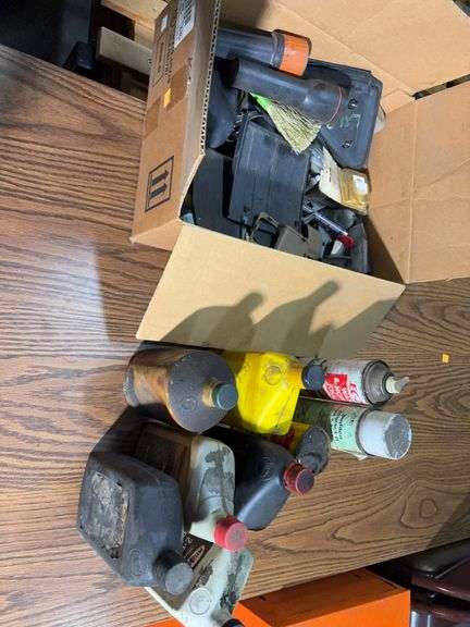 Box of bottles of fluids - see photos