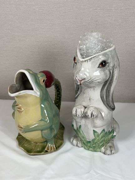 Vintage Mojelco Frog Pitcher & Italian Rabbit Vase – Decorative Pottery Pair