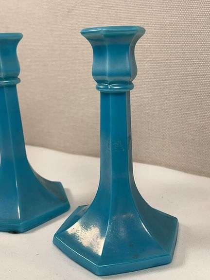 NORTHWOOD GLASS CANDLESTICKS JADE BLUE