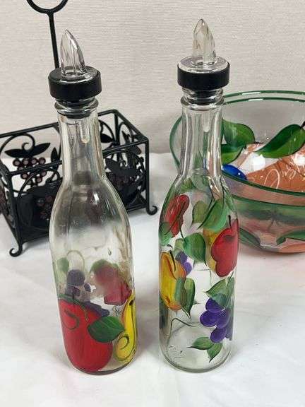 Hand-Painted Fruit Motif Glass Salad Bowls & Oil/Vinegar Bottle Set with Stand