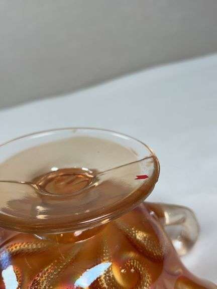 Dugan Marigold Carnival Glass Question Mark Pedestal Candy Dish