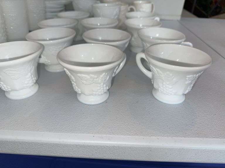 ASSORTED MILK GLASS SNACK PLATES AND CUPS