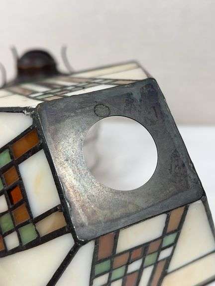 LEADED GLASS SHADE, LAMP BASE AND SATIN GLOBE