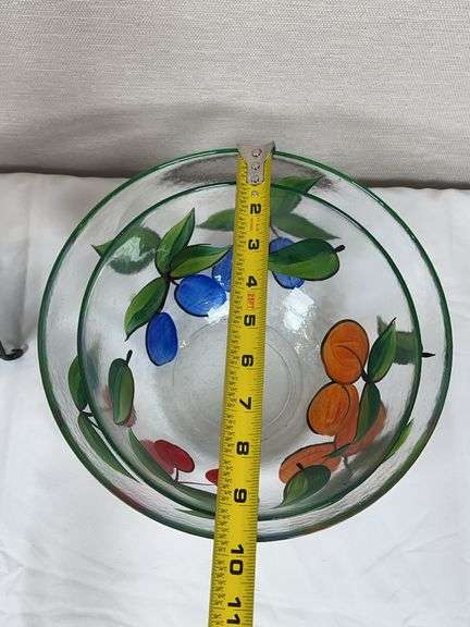 Hand-Painted Fruit Motif Glass Salad Bowls & Oil/Vinegar Bottle Set with Stand