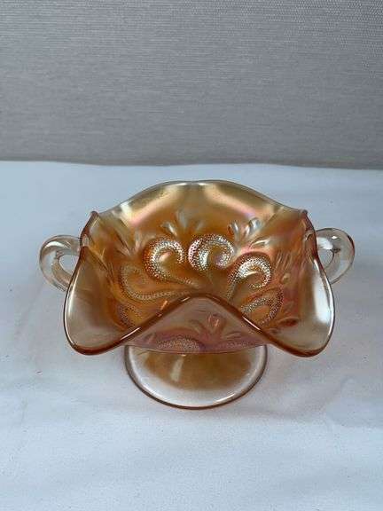 Dugan Marigold Carnival Glass Question Mark Pedestal Candy Dish