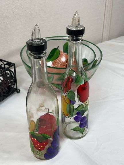 Hand-Painted Fruit Motif Glass Salad Bowls & Oil/Vinegar Bottle Set with Stand