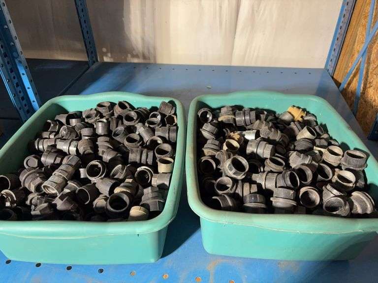 (2) totes of plastic pipe unions