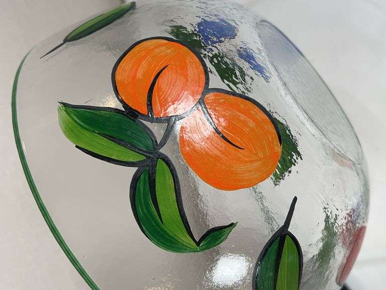 Hand-Painted Fruit Motif Glass Salad Bowls & Oil/Vinegar Bottle Set with Stand