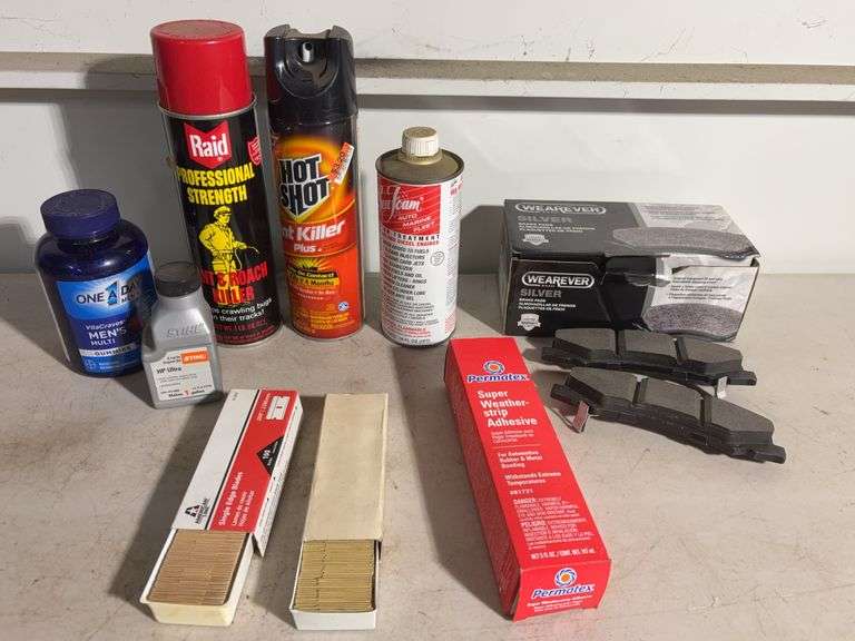 (2) Mostly full spray cans - Raid and ant killer, Silver brake pads, single edge blades and more -se
