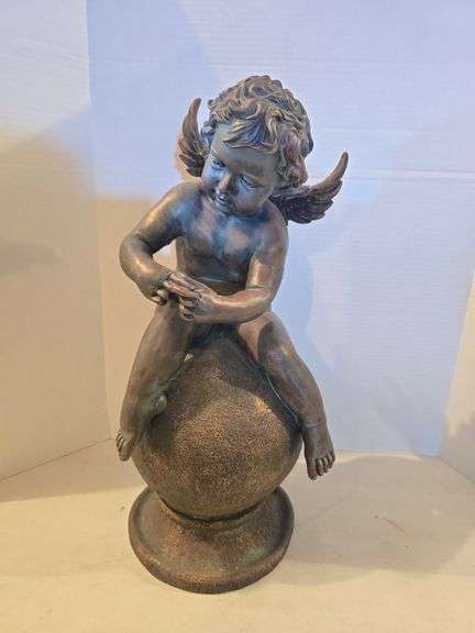 VINTAGE CHERUB ON BALL RESIN FIGURINE 23" TALL