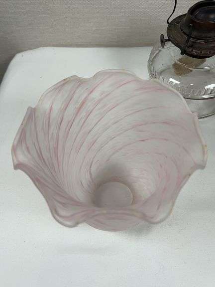 LEADED GLASS SHADE, LAMP BASE AND SATIN GLOBE