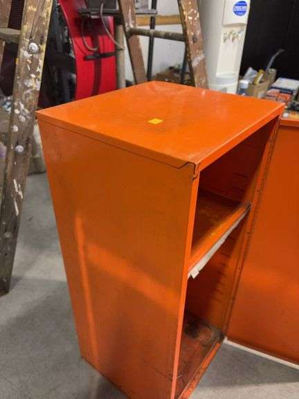 Orange metal storage cabinet marked Kent with keys - 14" x 13" x 30"