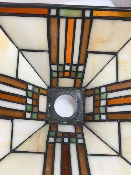 LEADED GLASS SHADE, LAMP BASE AND SATIN GLOBE