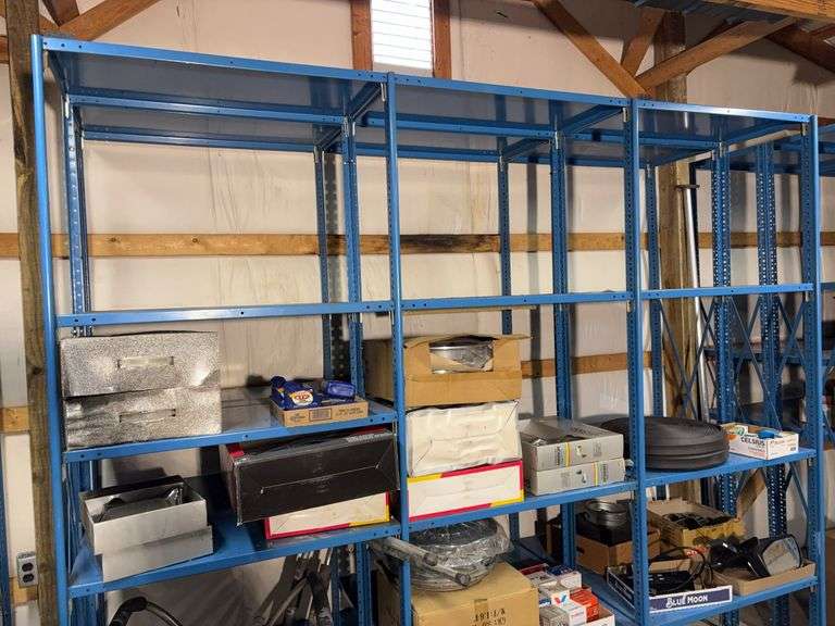 Large blue storage shelf 9’ long, 3’ deep, 7.5’ tall -Contents not included