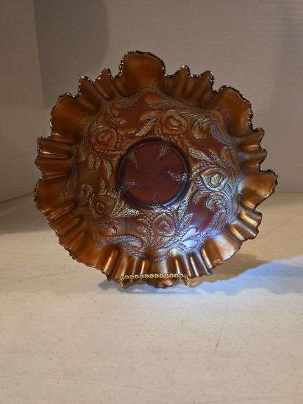 FENTON HEART AND VINES 8" RUFFLED CARNIVAL BOWL