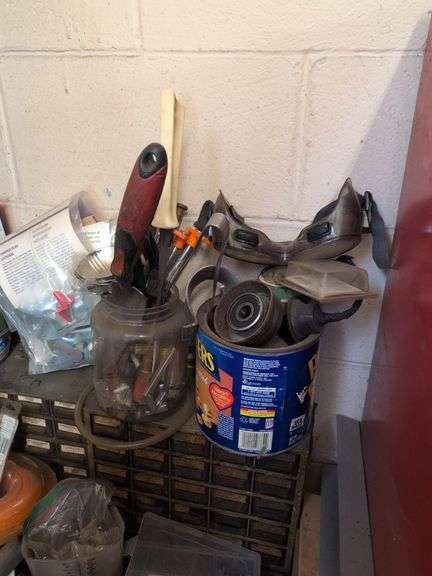 (2) screw organizers, weed eater string, and other items