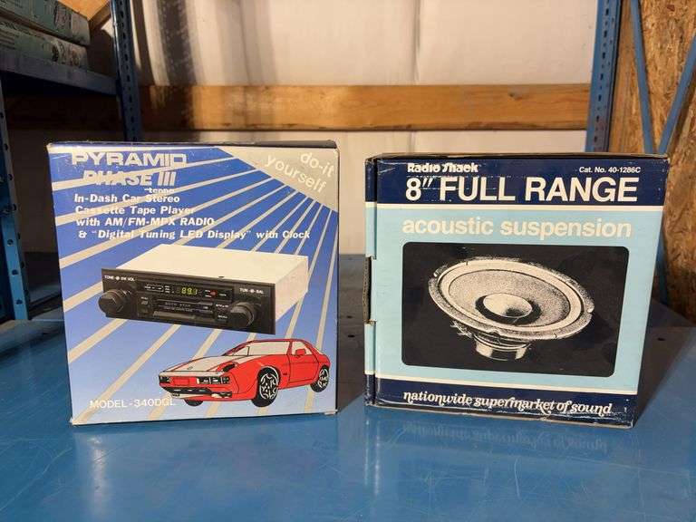 In-Dash Car stereo cassette tape player and 8” Full range acoustic suspension speaker