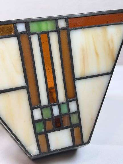 LEADED GLASS SHADE, LAMP BASE AND SATIN GLOBE