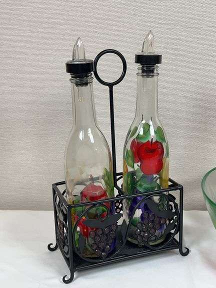 Hand-Painted Fruit Motif Glass Salad Bowls & Oil/Vinegar Bottle Set with Stand