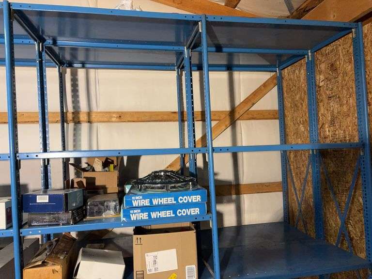 Large blue storage shelf 9’ long, 3’ deep, 7.5’ tall -contents not included