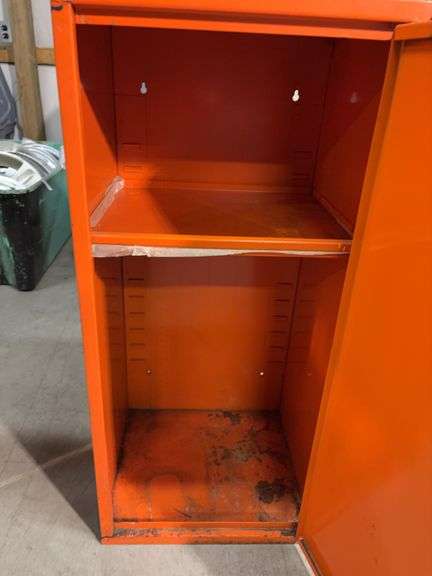 Orange metal storage cabinet marked Kent with keys - 14" x 13" x 30"