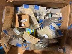 Box of pop rivets mostly unopened, Arrow staples, New Holland parts and more