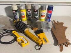 Work light, outlet cover, (6) mostly full spray cans, Color coat and Engine Enamel