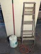 5’ wooden ladder, shop broom, bucket, and extension cord