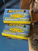 Box of pop rivets mostly unopened, Arrow staples, New Holland parts and more