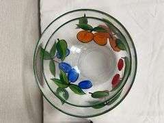 Hand-Painted Fruit Motif Glass Salad Bowls & Oil/Vinegar Bottle Set with Stand