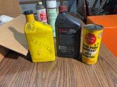 Box of bottles of fluids - see photos