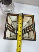 LEADED GLASS SHADE, LAMP BASE AND SATIN GLOBE