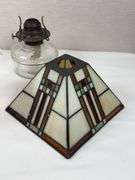 LEADED GLASS SHADE, LAMP BASE AND SATIN GLOBE