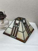 LEADED GLASS SHADE, LAMP BASE AND SATIN GLOBE