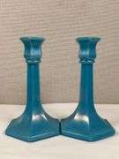 NORTHWOOD GLASS CANDLESTICKS JADE BLUE