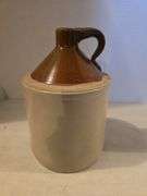 BROWN TOP 1 GALLON CROCK JUG HAS HAIRLINE ON BOTTOM