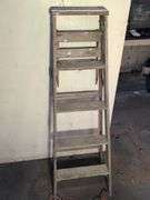 5’ wooden ladder, shop broom, bucket, and extension cord