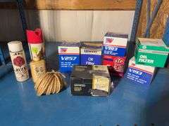 (6) Oil filters in boxes, (2)spray cans -Liquid gold and craft spray and more