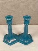 NORTHWOOD GLASS CANDLESTICKS JADE BLUE