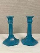 NORTHWOOD GLASS CANDLESTICKS JADE BLUE