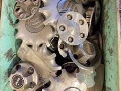 Large tote of miscellaneous hub caps and parts -Jeep, Lincoln, Ford and more