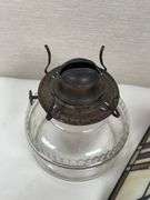 LEADED GLASS SHADE, LAMP BASE AND SATIN GLOBE