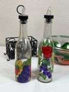 Hand-Painted Fruit Motif Glass Salad Bowls & Oil/Vinegar Bottle Set with Stand