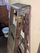 5’ wooden ladder, shop broom, bucket, and extension cord