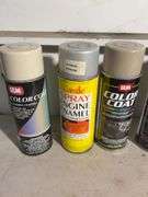 Work light, outlet cover, (6) mostly full spray cans, Color coat and Engine Enamel