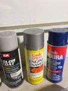 Work light, outlet cover, (6) mostly full spray cans, Color coat and Engine Enamel