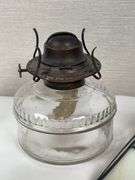 LEADED GLASS SHADE, LAMP BASE AND SATIN GLOBE