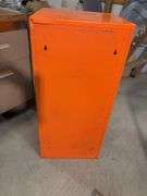 Orange metal storage cabinet marked Kent with keys - 14" x 13" x 30"